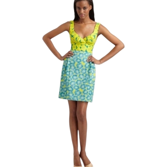 Floral Print Yellow/Blue Cut Out Back Babydoll Party Mini Dress Sz 6 - Picture 2 of 12